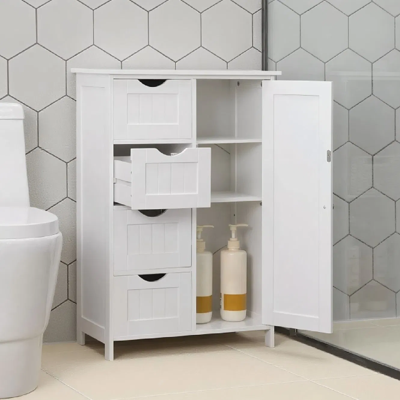 Modern White Minimalist Bathroom Cabinet Waterproof and Moisture-Resistant Adjustable Shelves Hidden Handles