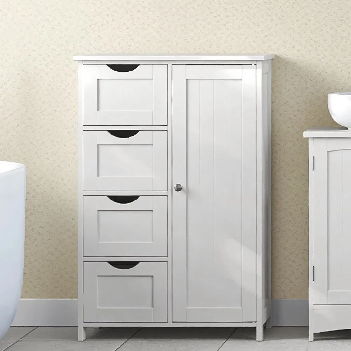Modern White Minimalist Bathroom Cabinet Waterproof and Moisture-Resistant Adjustable Shelves Hidden Handles