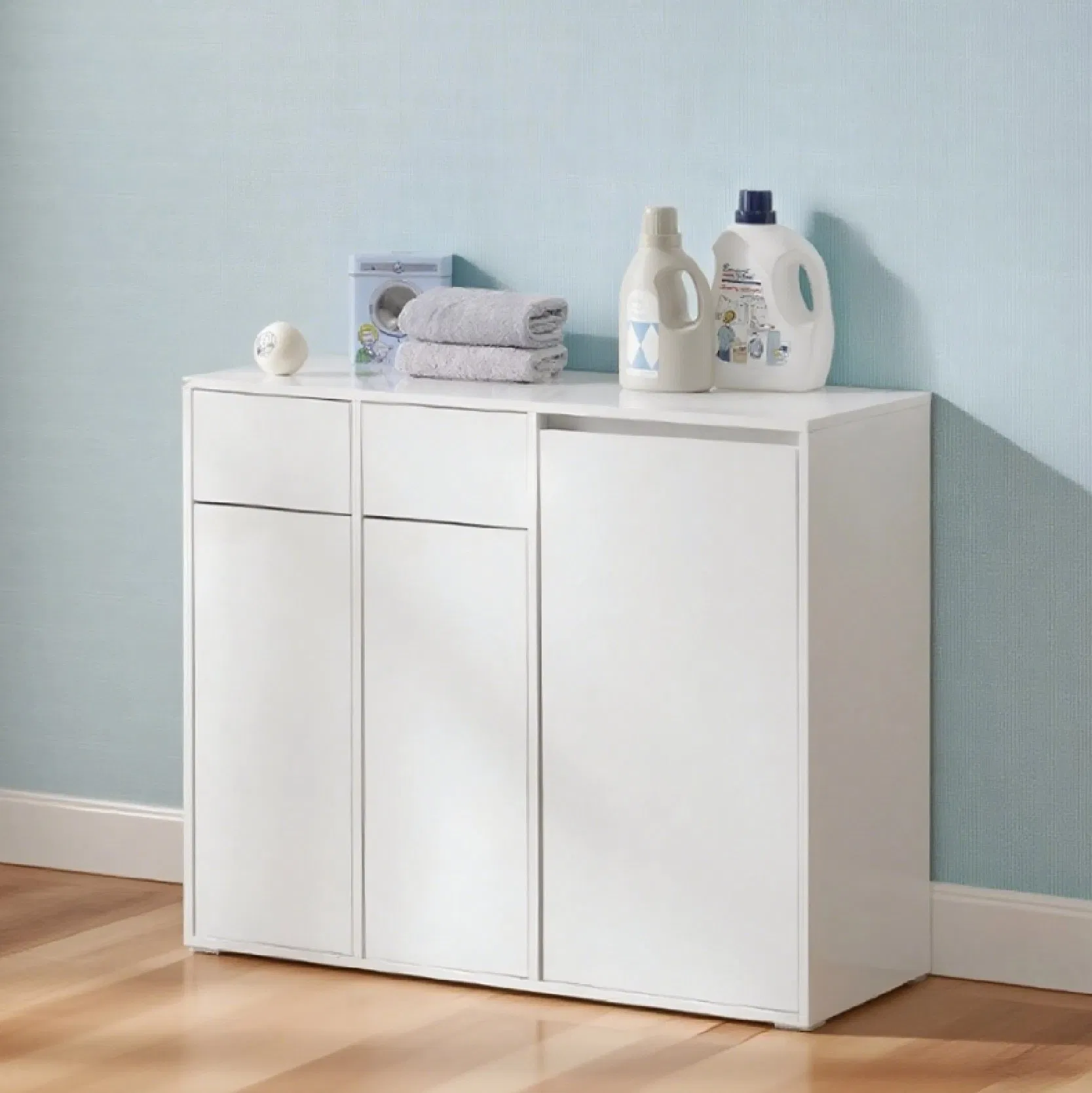 Modern Minimalist Design Living Room Kitchen with Neat Garbage Cabinet
