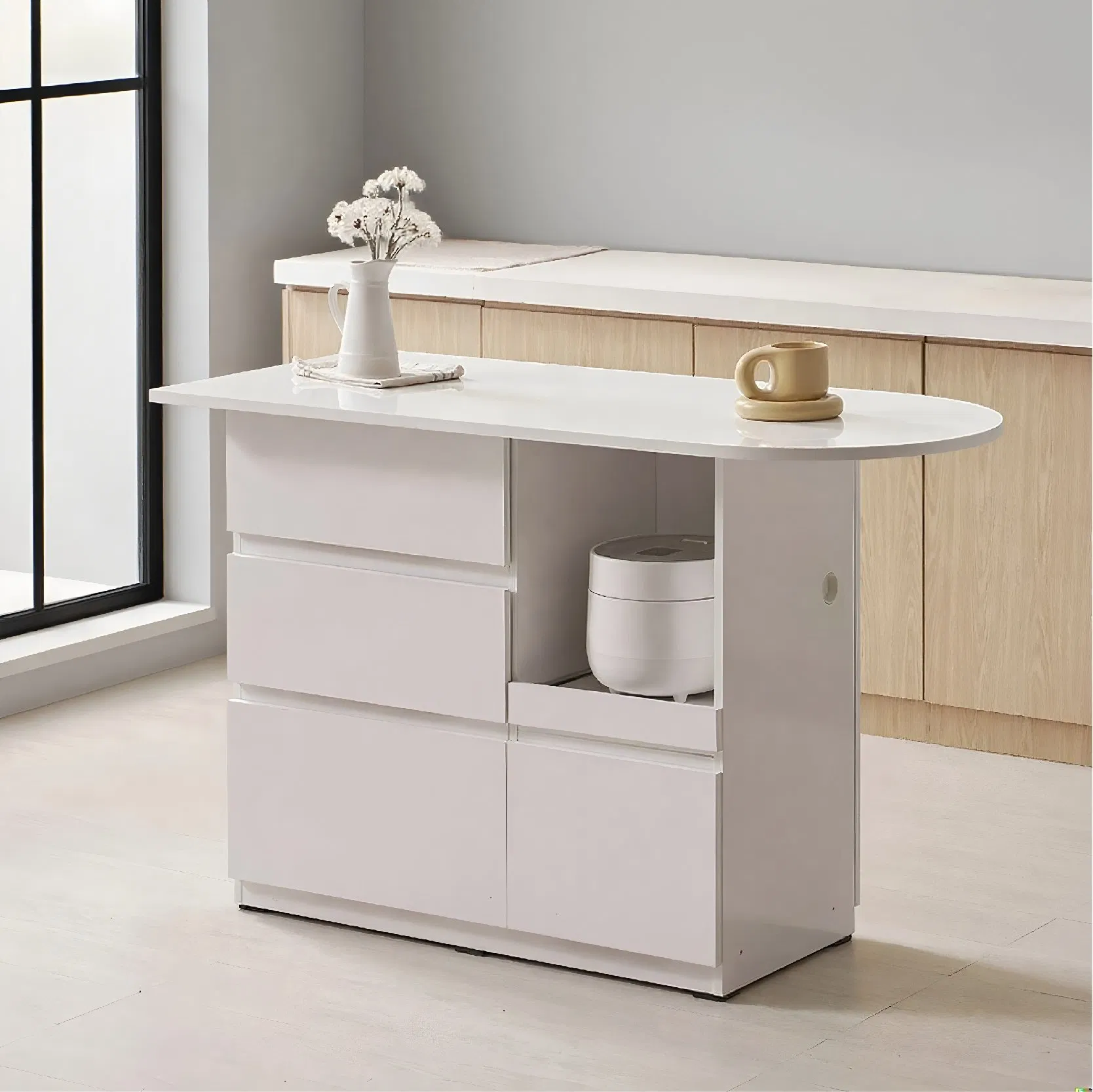 Minimalist Style New Style Semi Oval Wooden Furniture Kitchen Cabinet