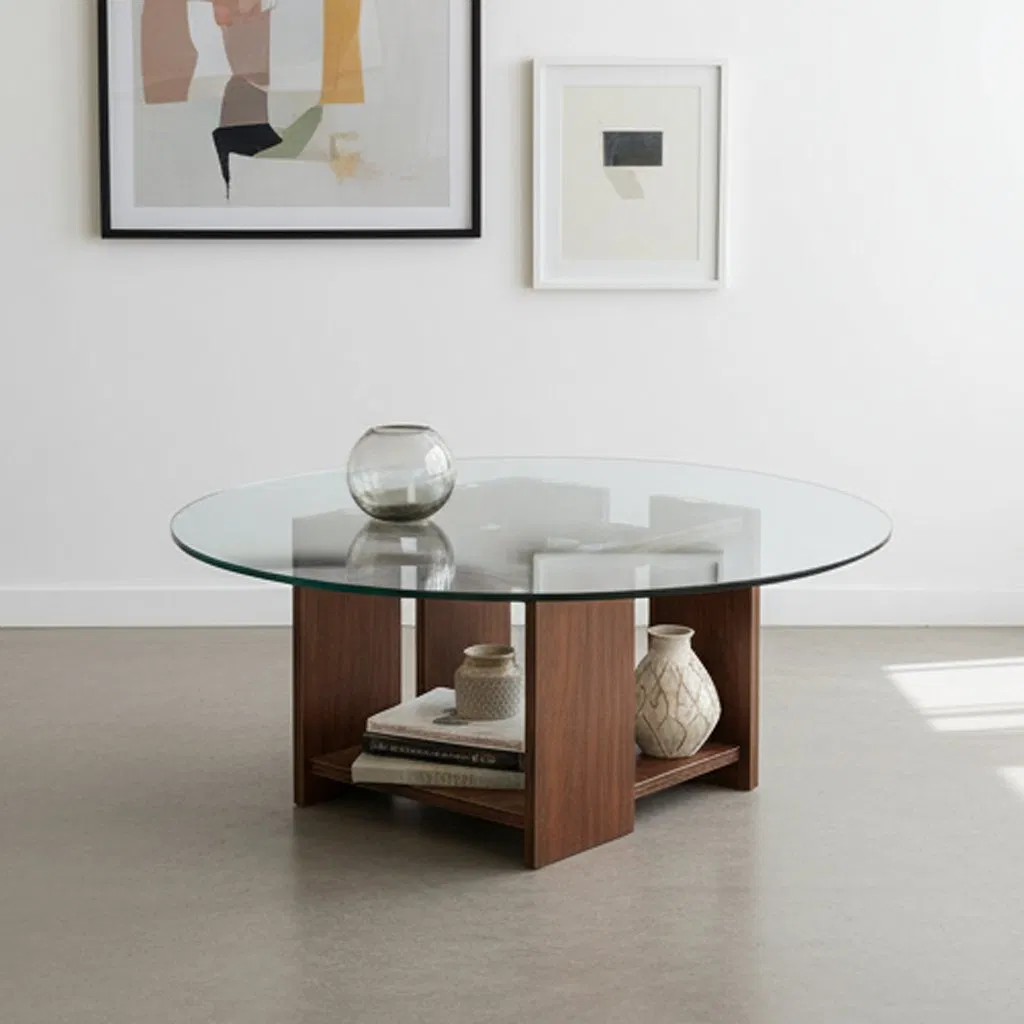 Simple Style Wooden Frame with Modern Glass Round Coffee Table