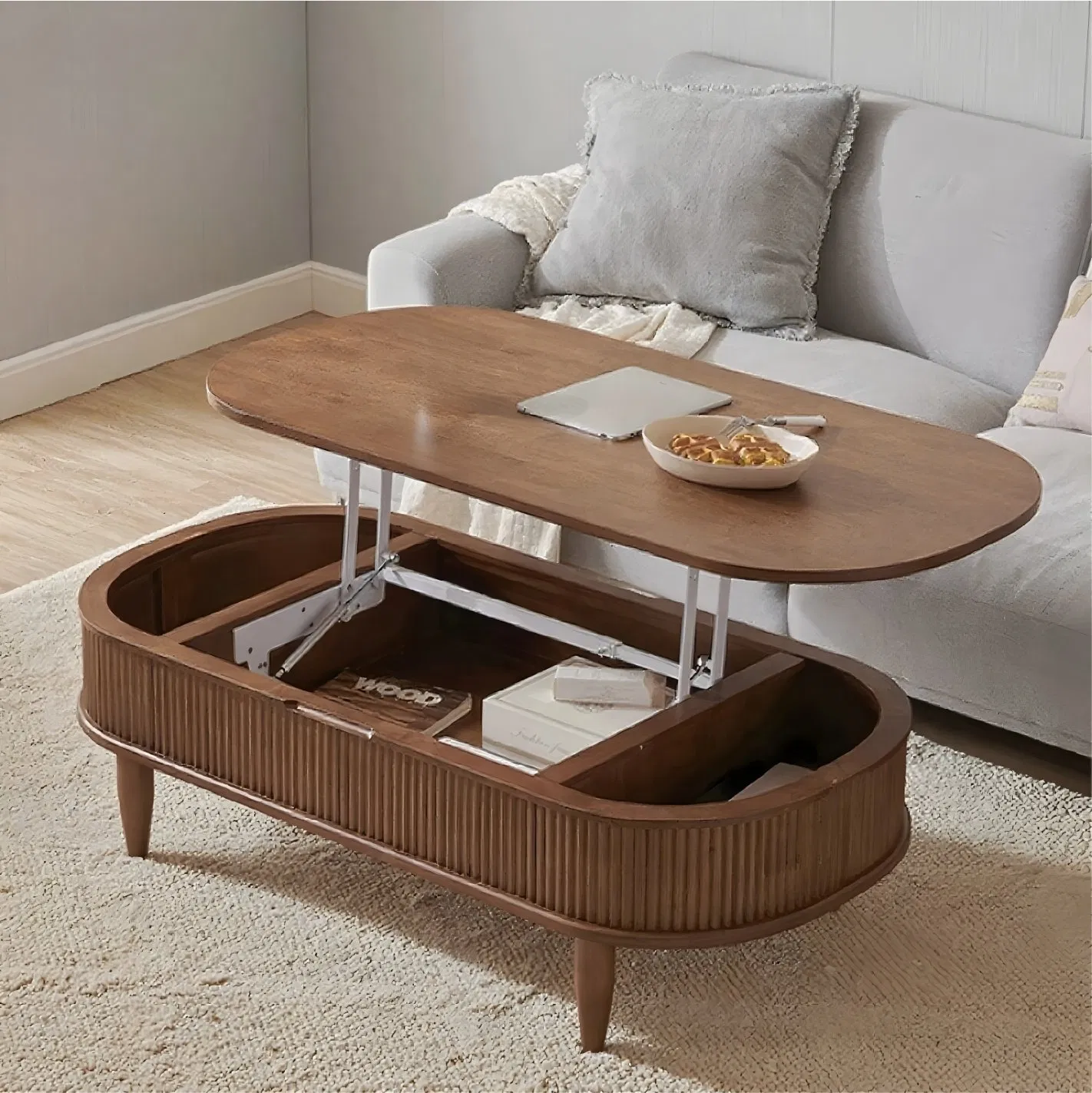 Modern Unusual Coffee Table with Hidden Storage, Lift-Top, Metal Bracket and Metal Lifting Device