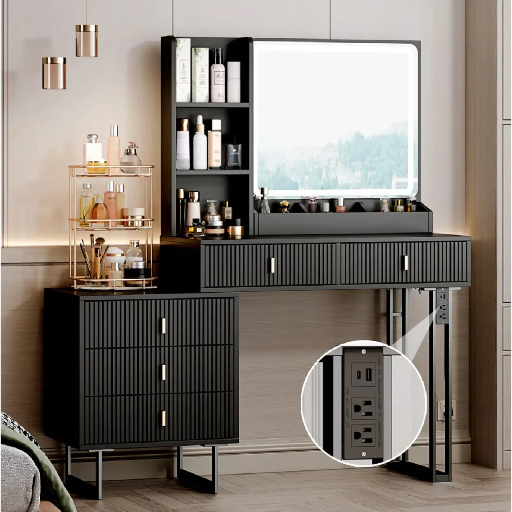 Dressing Table with a Storage Rack Modern and Extendable Design