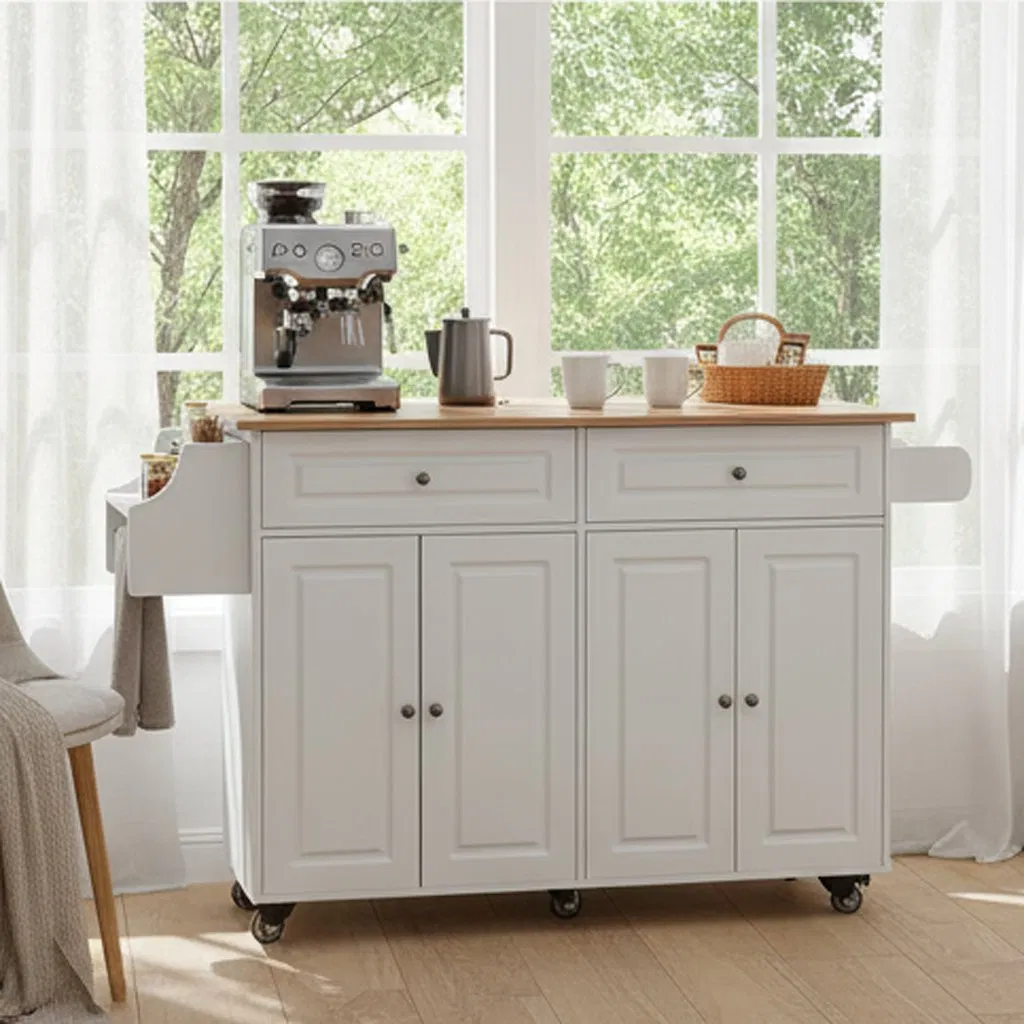Simple White Kitchen Island with Double Cabinet Doors for Storage and Organization