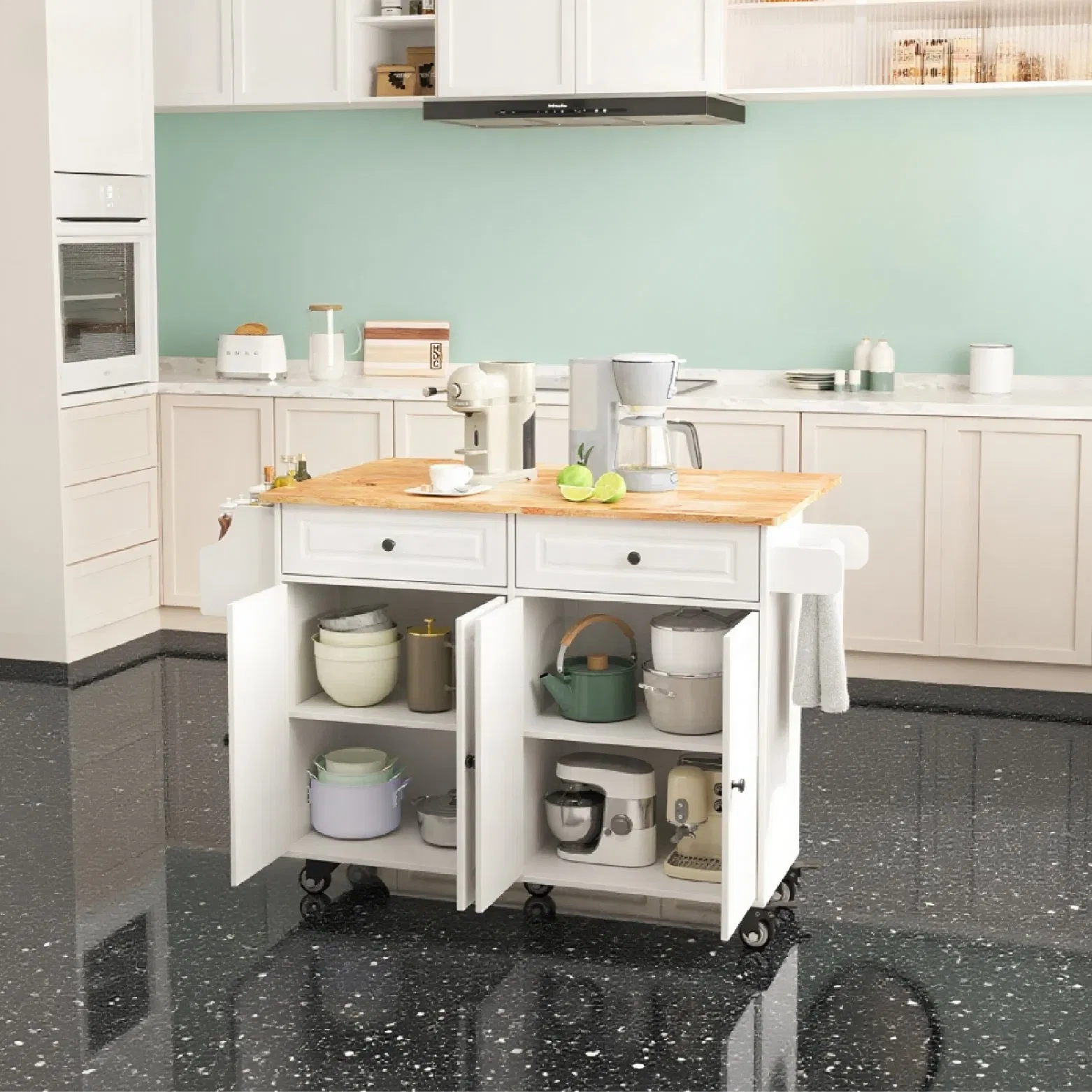 Simple White Kitchen Island with Double Cabinet Doors for Storage and Organization