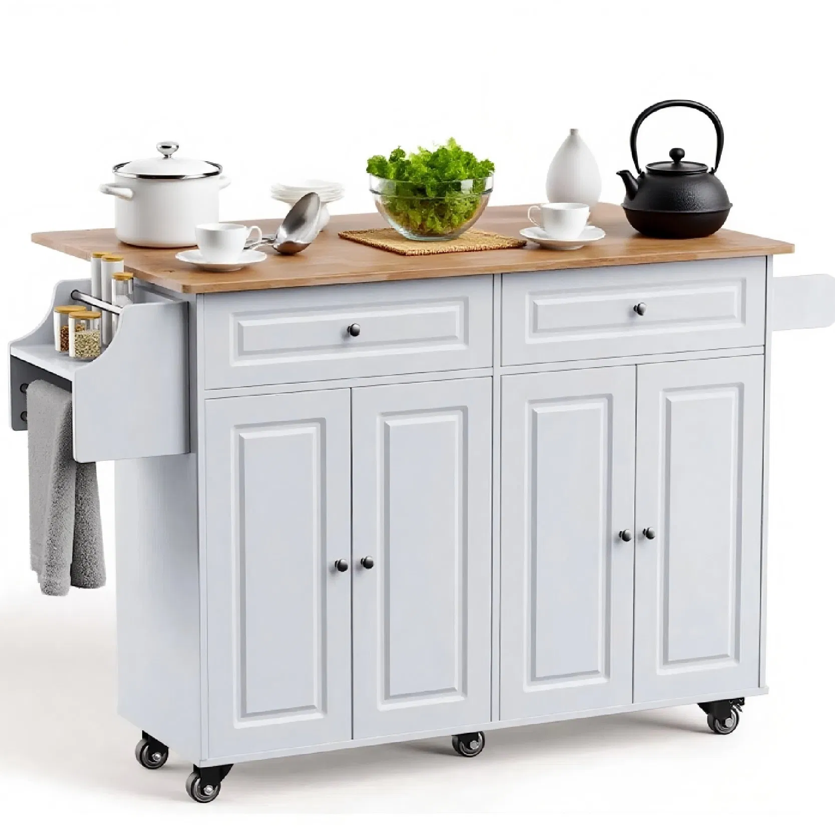 Simple White Kitchen Island with Double Cabinet Doors for Storage and Organization