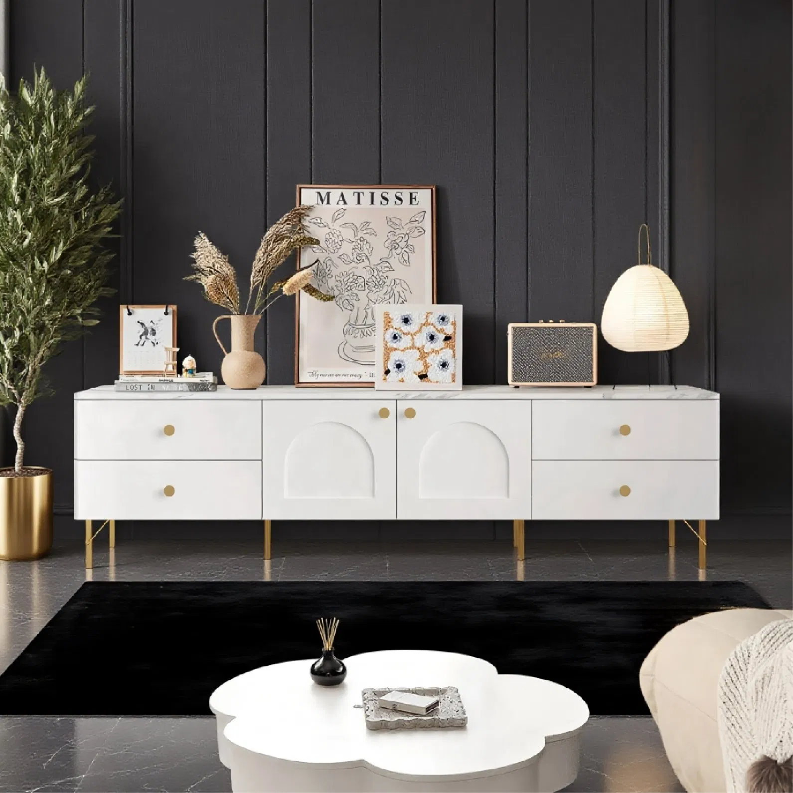 Modern Luxury Wooden Marble Living Room Stand with Drawer TV Cabinet