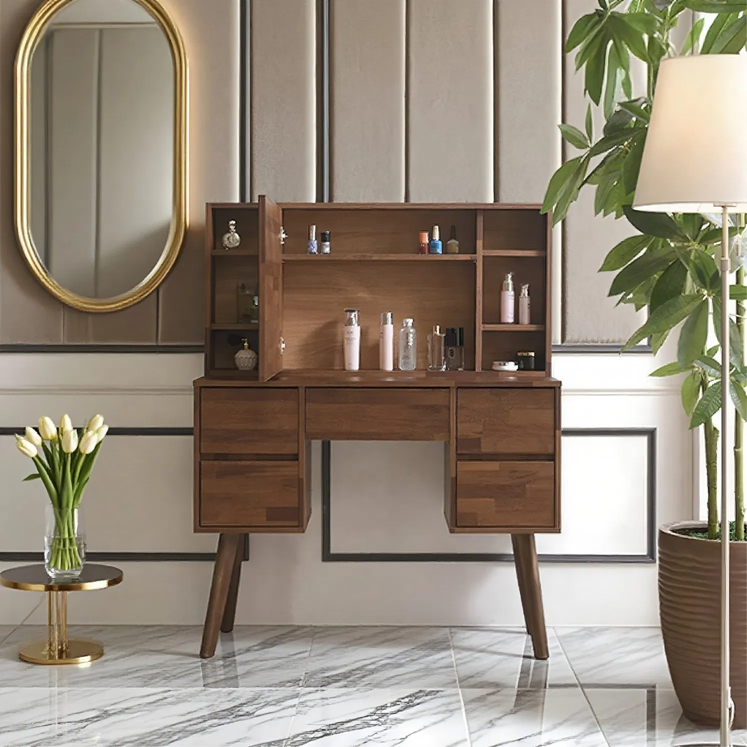 Nordic Modern Design Solid Wood Dressing Table, Suitable for Small Bedrooms