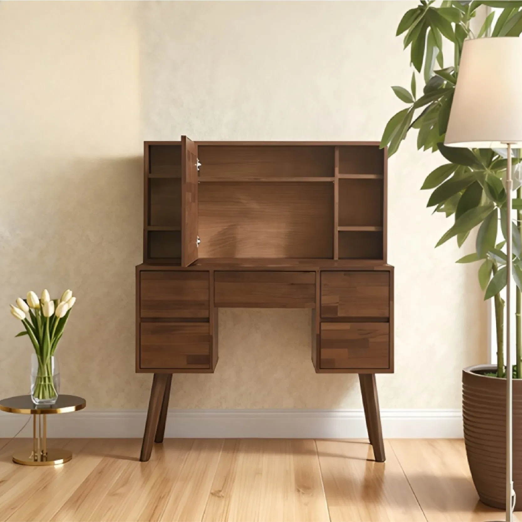 Nordic Modern Design Solid Wood Dressing Table, Suitable for Small Bedrooms