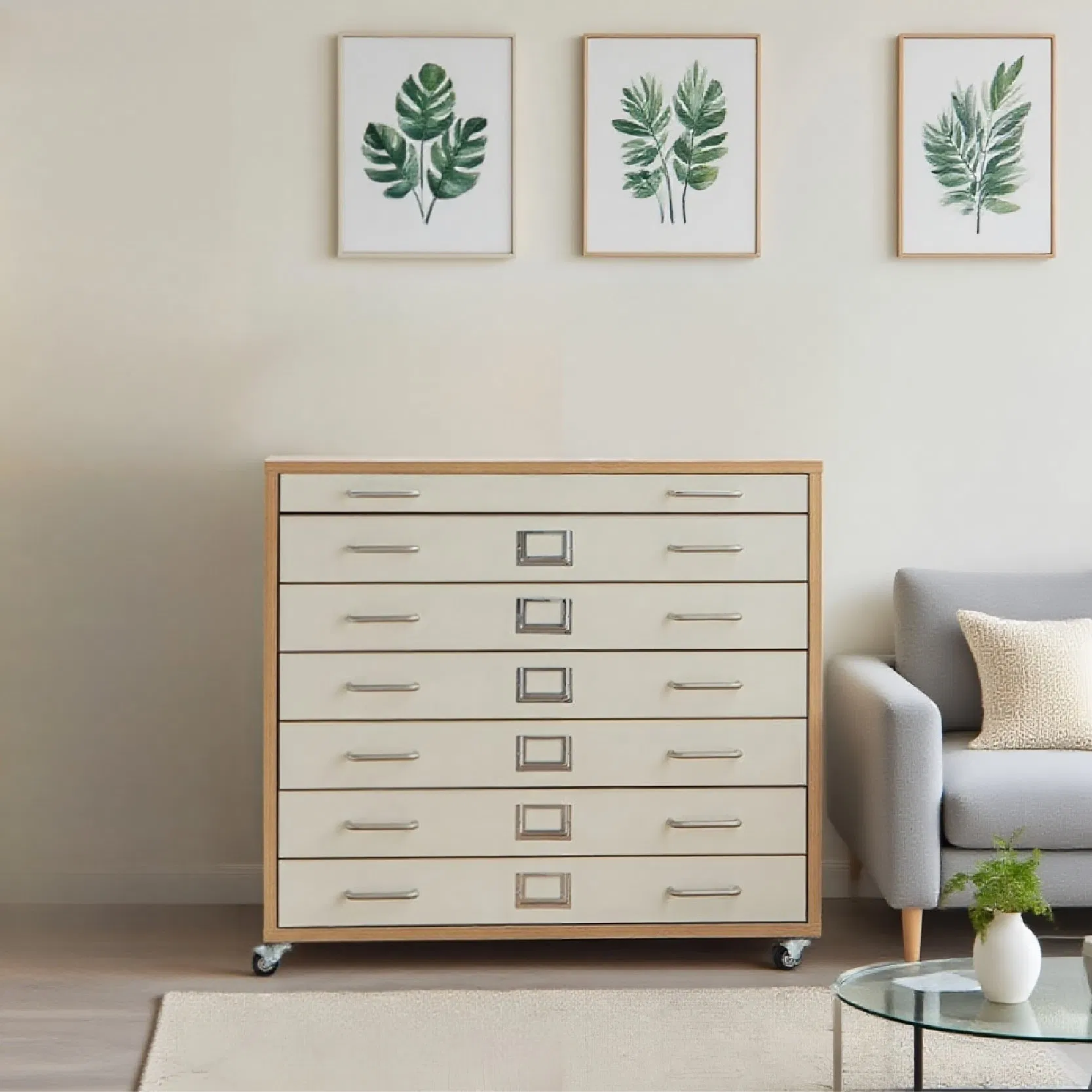 Modern Two-Tone File Cabinet Multi-Functional with Keyboard Tray Equipped with Swivel Casters for Easy Mobility