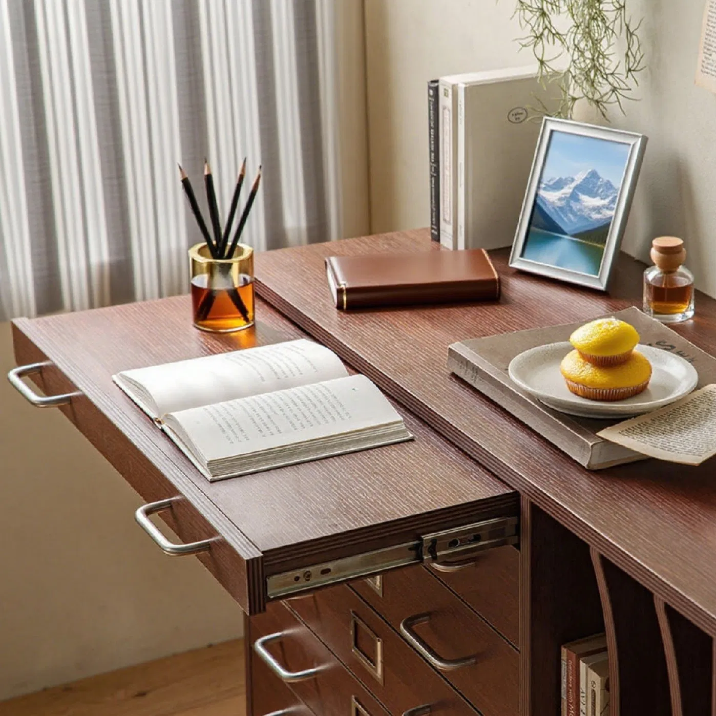 Modern Two-Tone File Cabinet Multi-Functional with Keyboard Tray Equipped with Swivel Casters for Easy Mobility