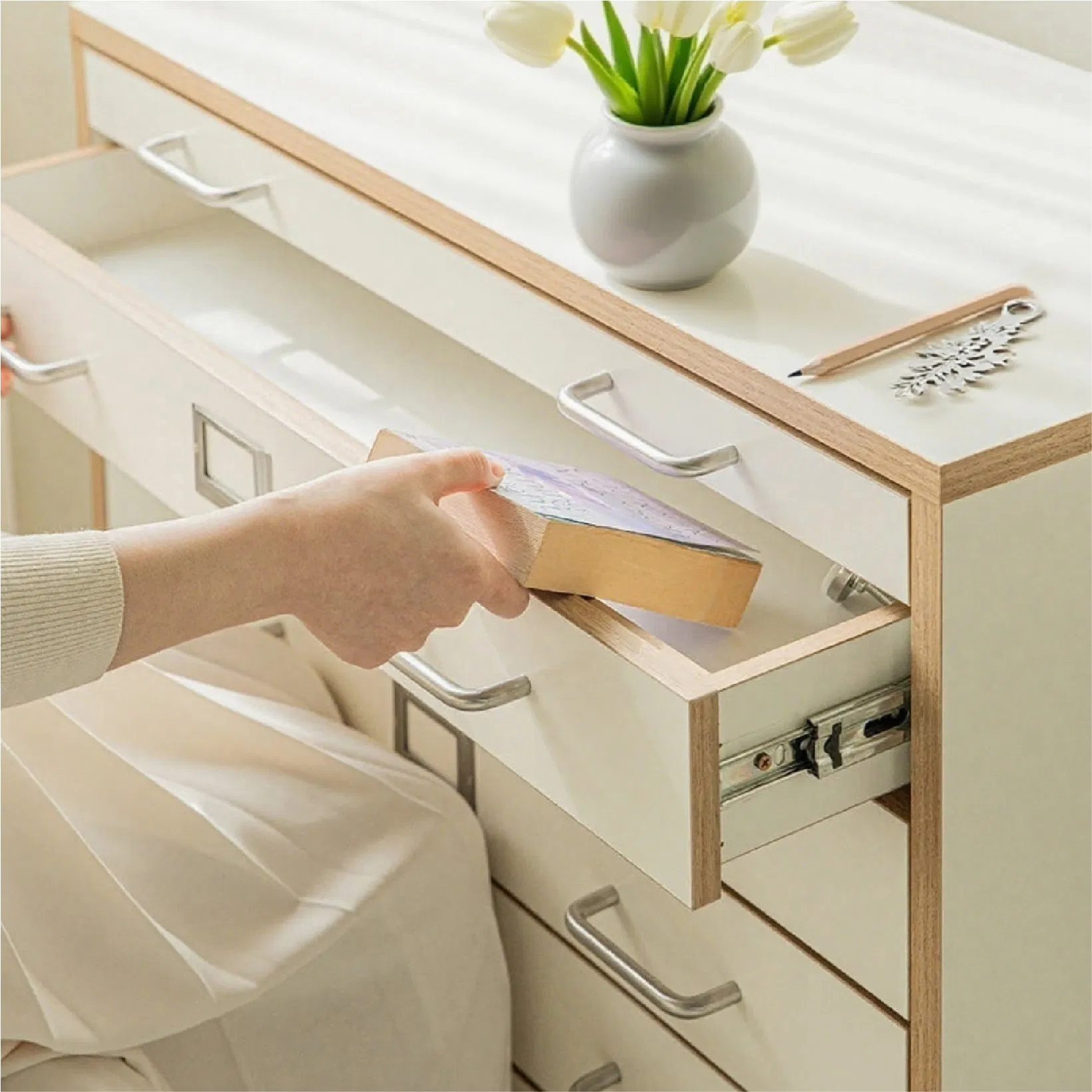 Modern Two-Tone File Cabinet Multi-Functional with Keyboard Tray Equipped with Swivel Casters for Easy Mobility