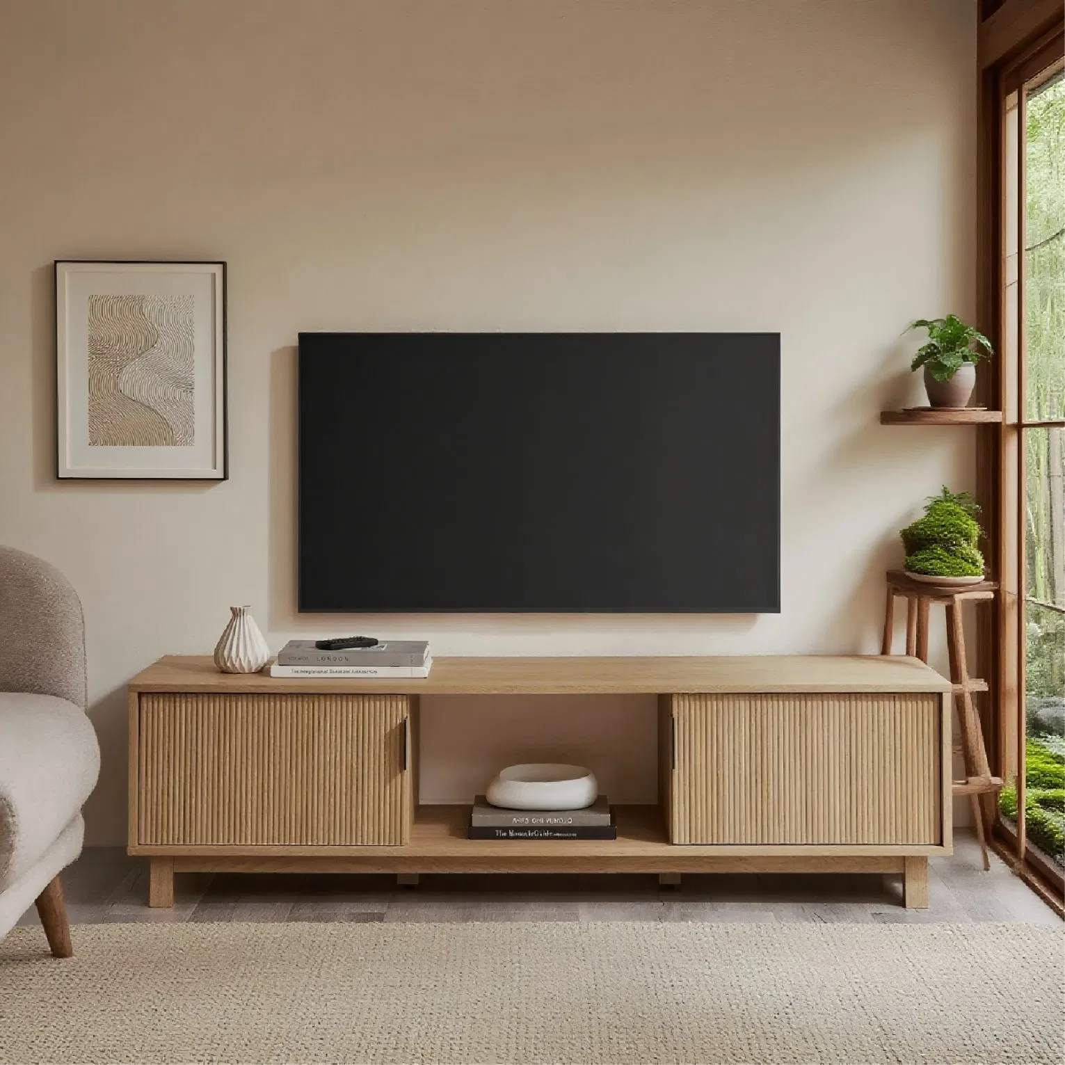 Designer Brand Solid Wood Striped Home TV Cabinet