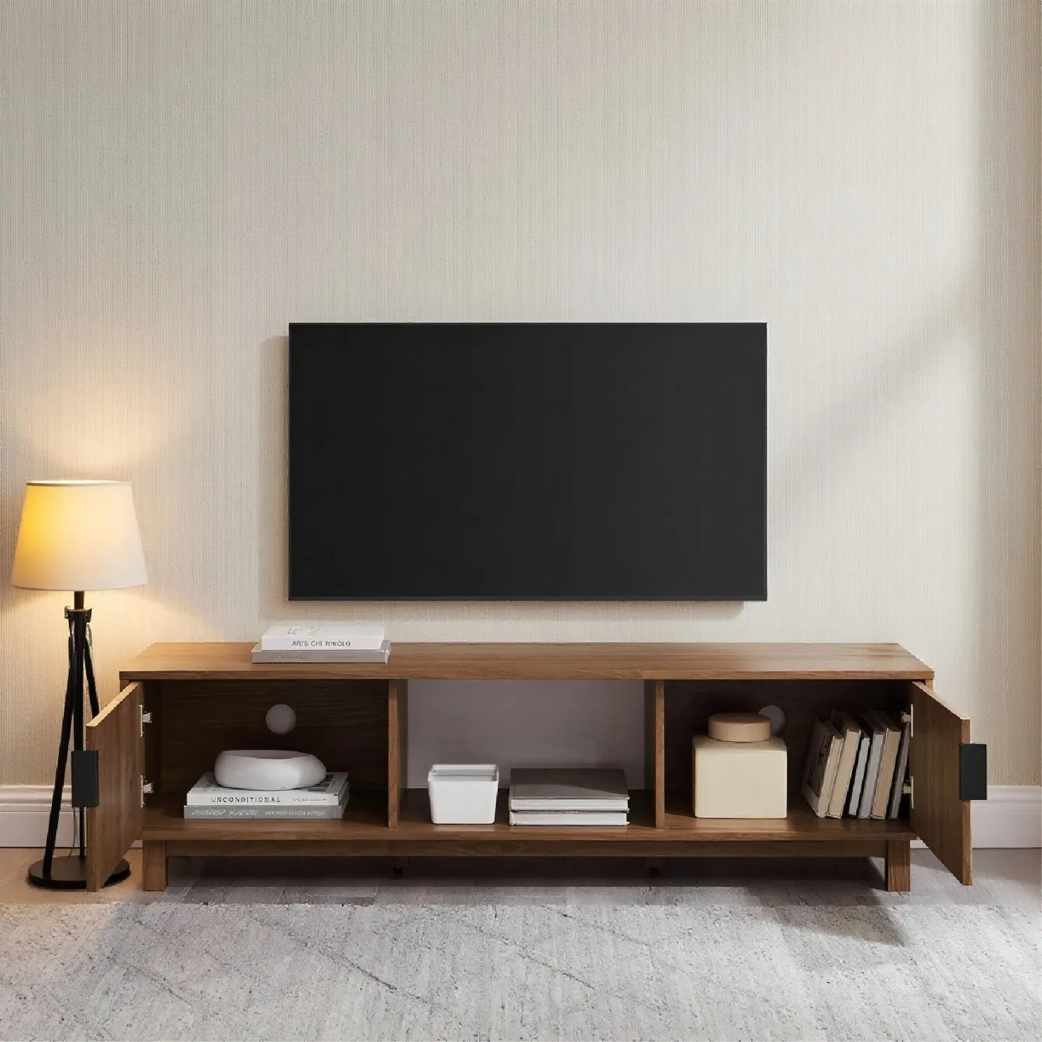 Designer Brand Solid Wood Striped Home TV Cabinet