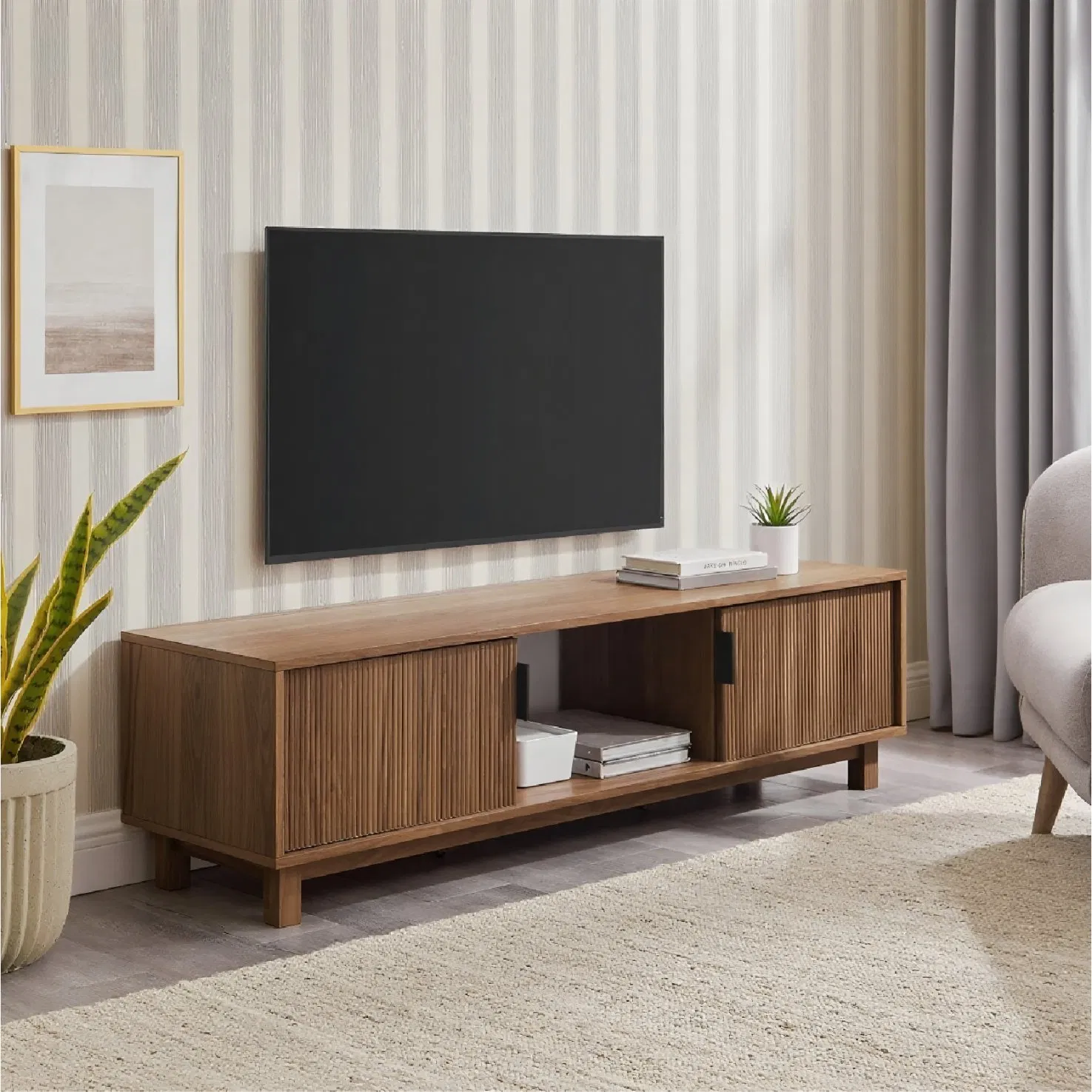 Designer Brand Solid Wood Striped Home TV Cabinet