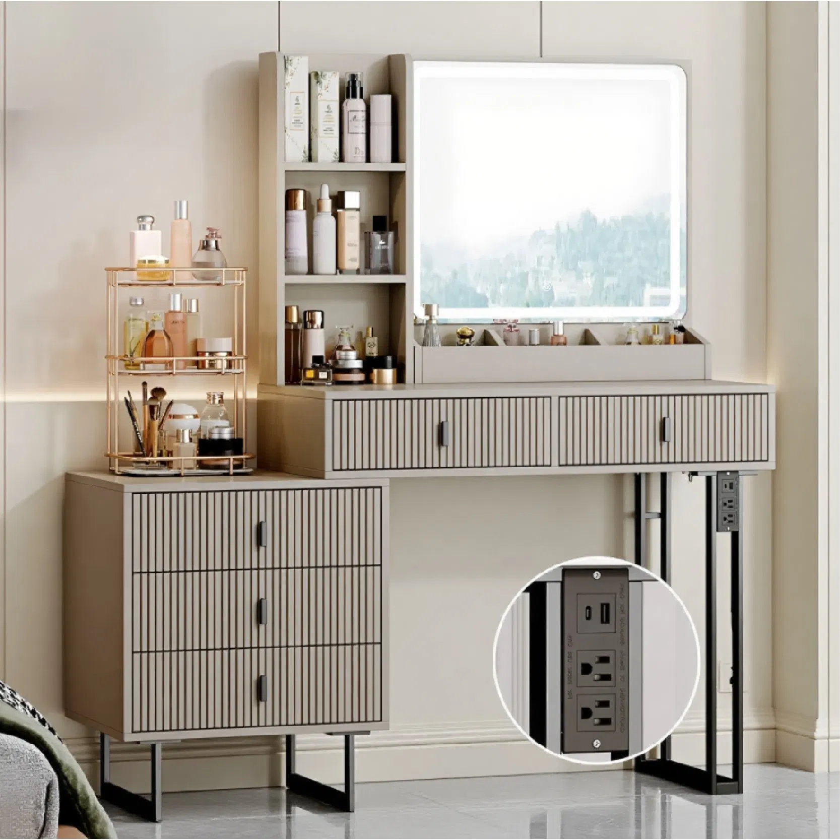 Modern Retractable Makeup Stand Featuring 3-Color Touch Screen Dimming Mirror