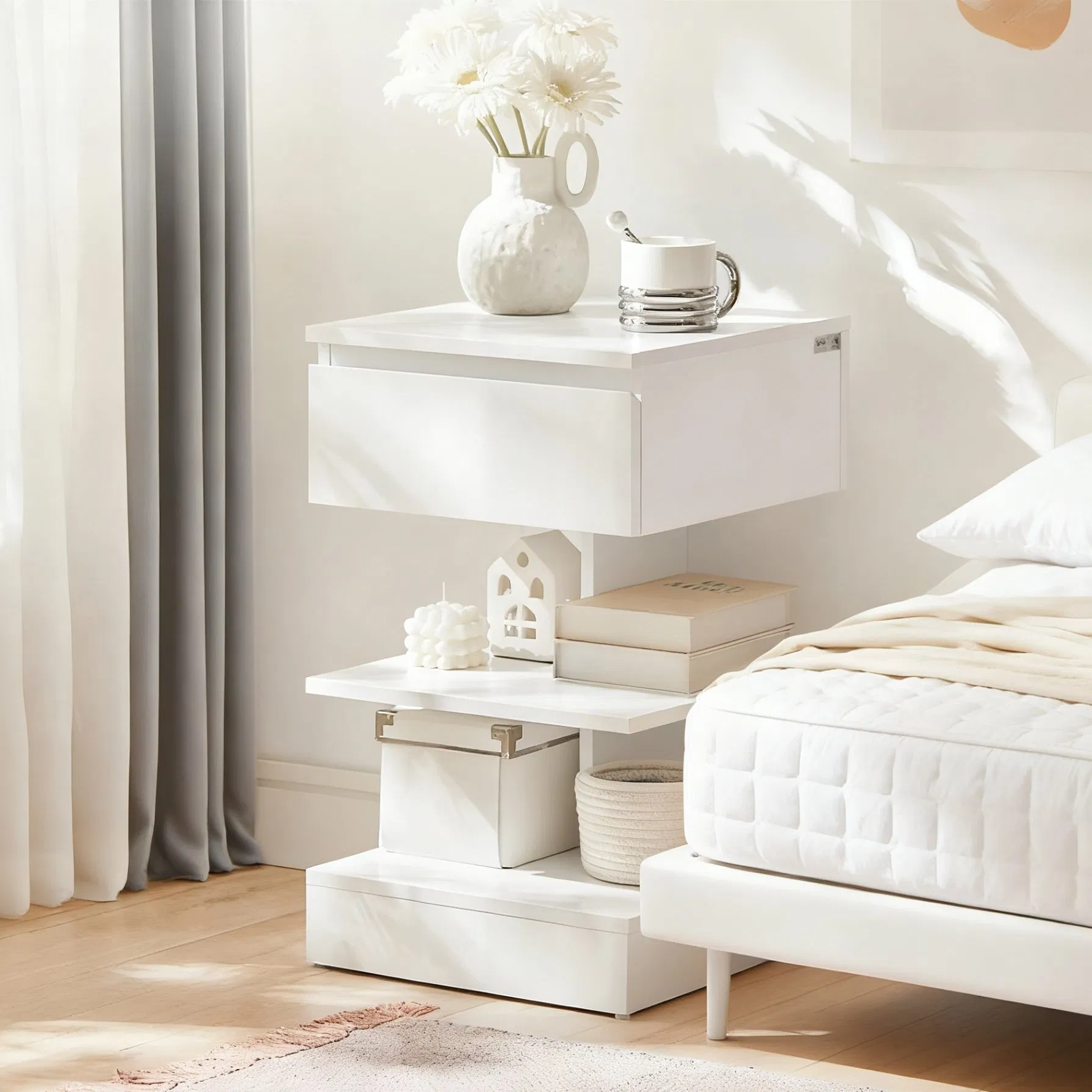 Elegant Suspended Wooden Nightstand with Unique Hollow Design