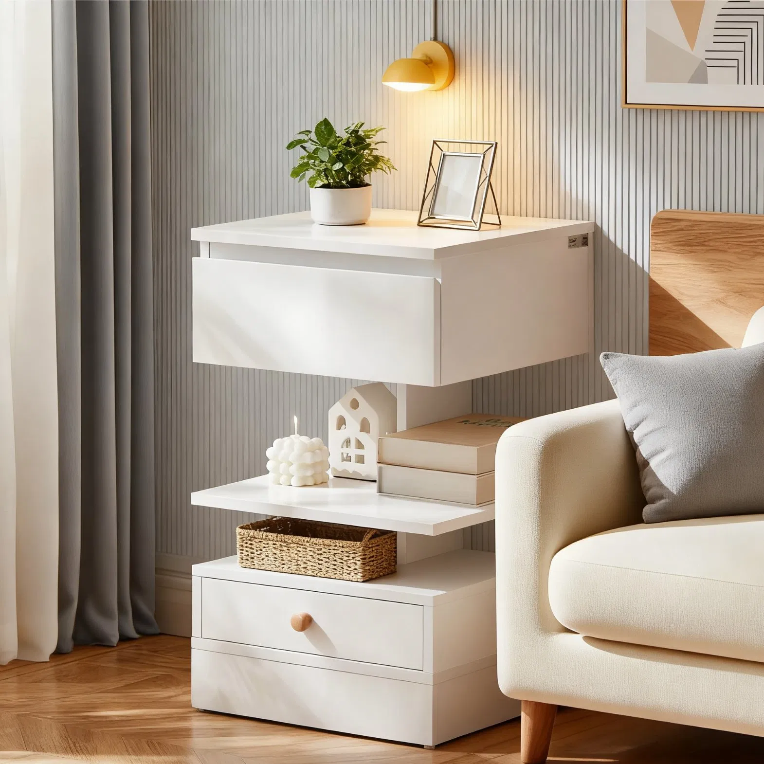 Elegant Suspended Wooden Nightstand with Unique Hollow Design