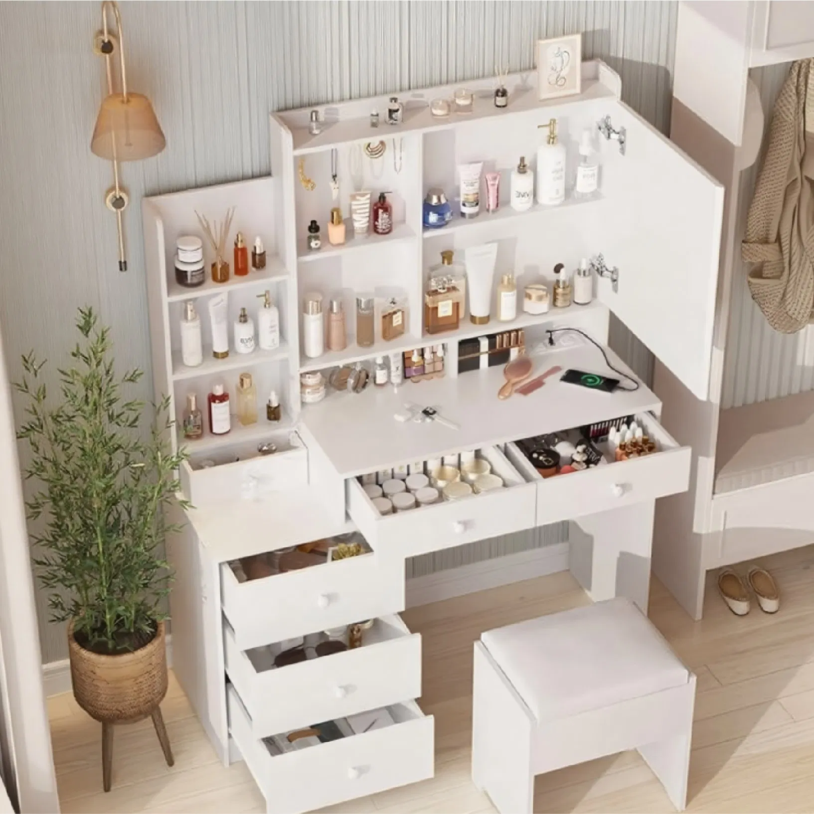 Customizable Bedroom Mirrored Modern Wood Dressing Table with Drawers for Dressing Room